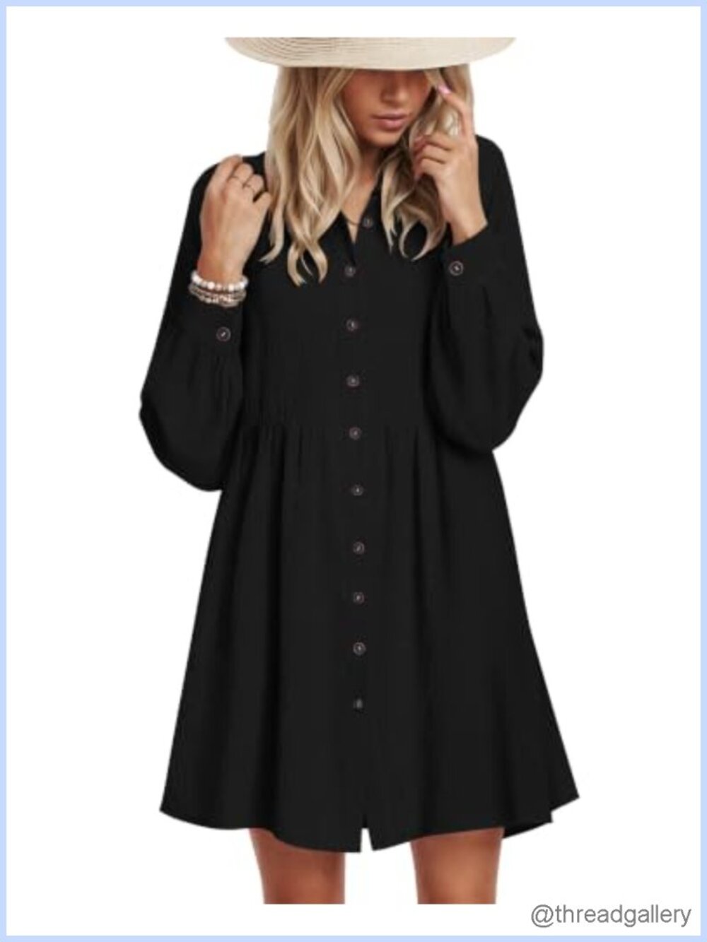 Women's Babydoll Dress Long Sleeve Button Down Deep V Neck Tunic Mini